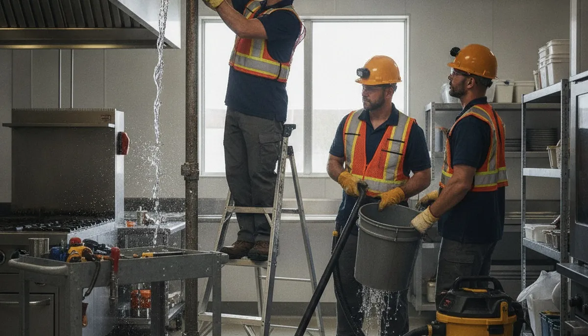 Emergency plumbers in Sacramento, CA responding to a burst pipe and drain backup call